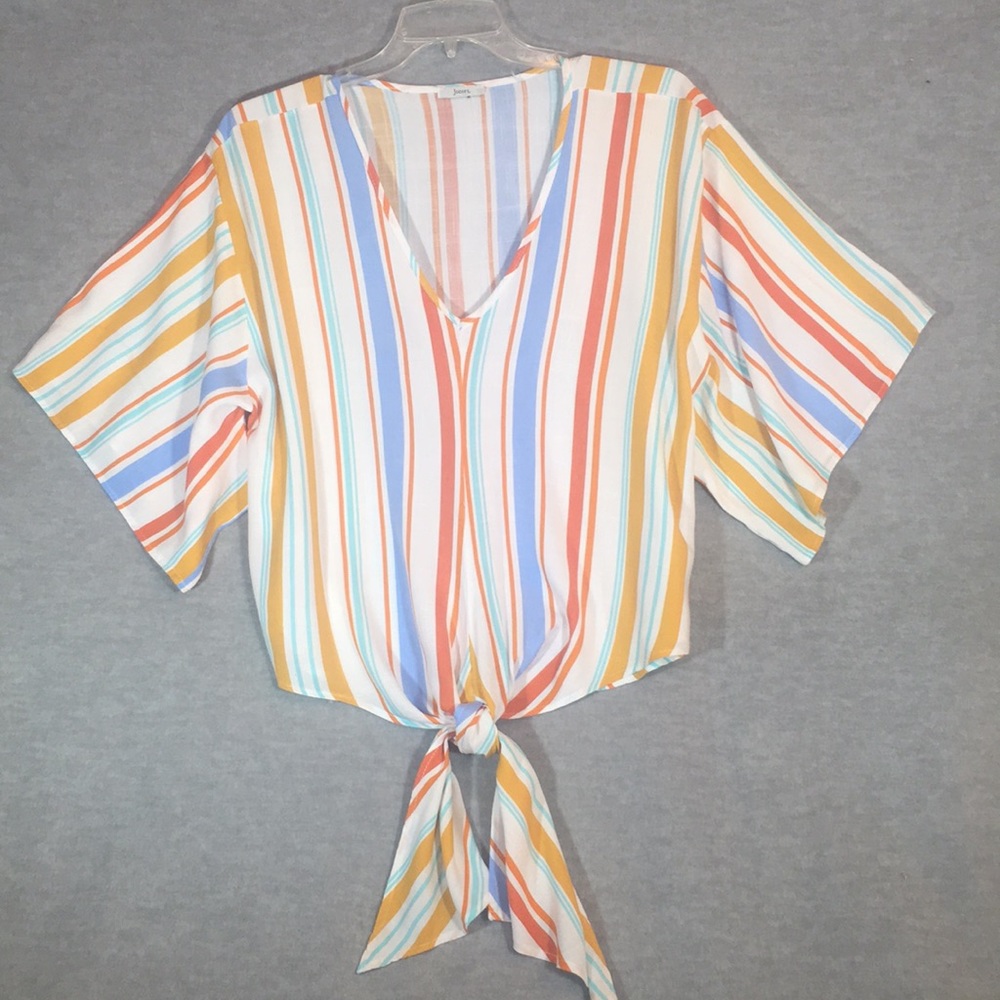 JODIFL Oversized Relaxed Fit Boxy V-Neck Tie Front Soft Comfy Summer Striped Top